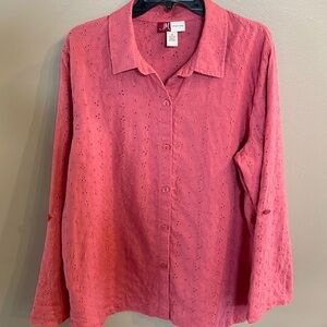 JM Collection women’s plus LINEN eyelet button front shirt / jacket pink size 18
